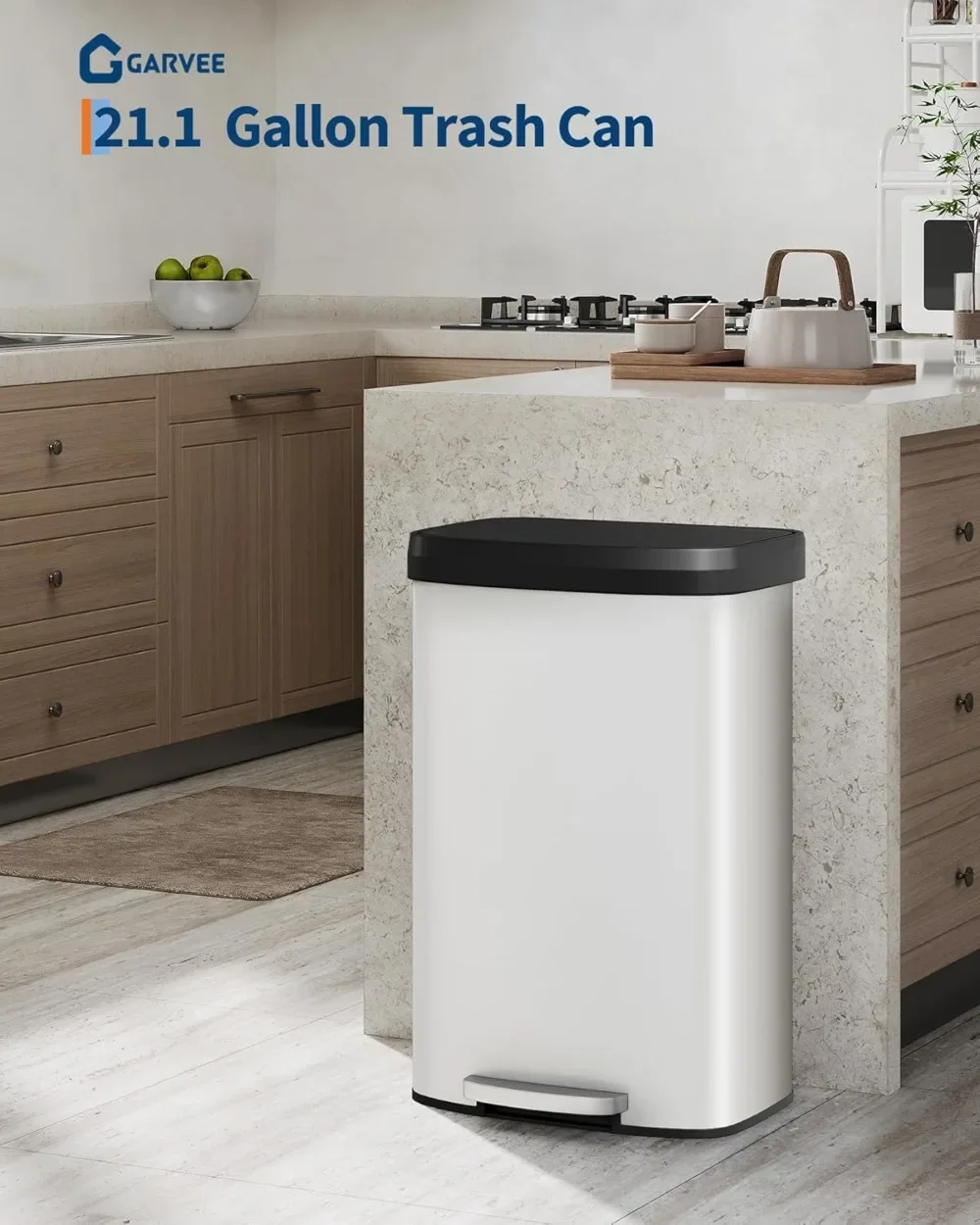

80L Large Metal Trash Can with Lid, Rustproof Step-on Kitchen Garbage Bin, Soft Close Plastic Lid, White