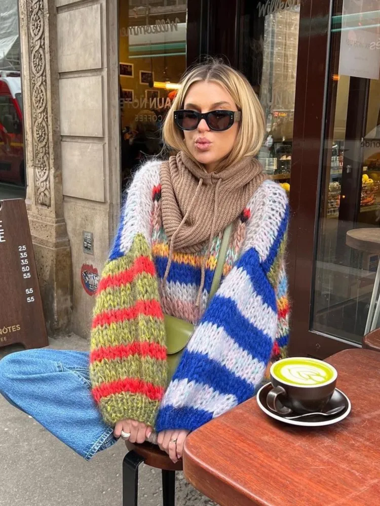 

Rainbow Striped Sweater Round Neck Loose Color Contrast Casual Pullover Soft Waxy Thick Knit Sweaters Fashion Women Knitwear Top