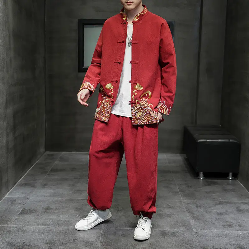 Autumn Winter Men's Chinese Style Jacket Pants Set Wave Print Tang Suit with Frog Buttons Loose Fit Asian Inspired Two-Piece 5XL