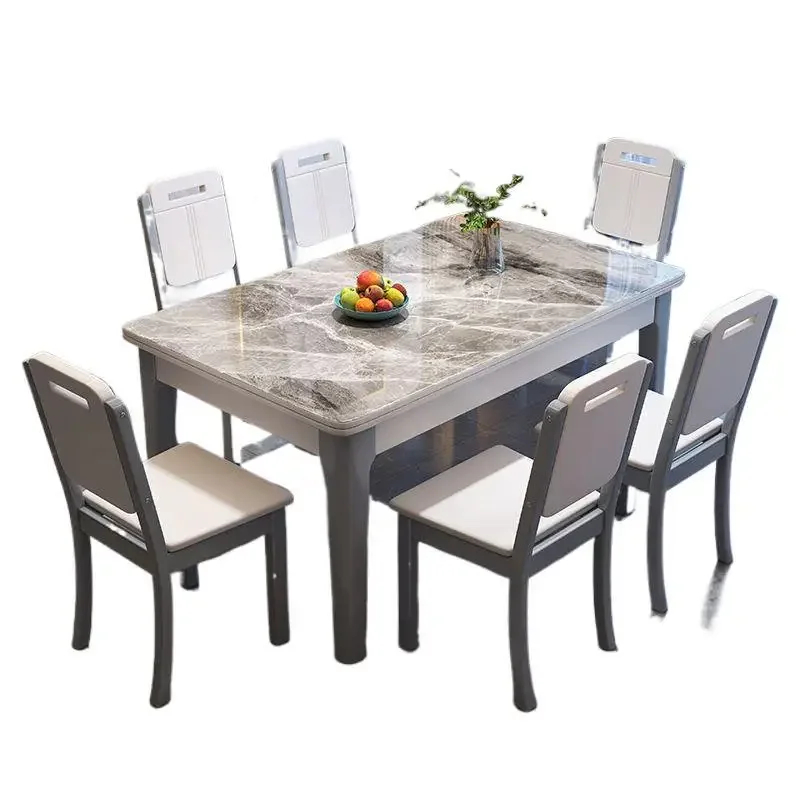 

Rock slab western dining table and chair combination, solid wood light, modern and simple, household rectangular small