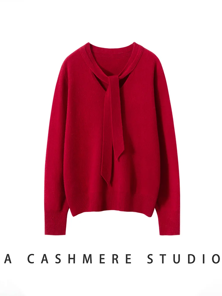ผู้หญิง 100% เสื้อกันหนาวแคชเมียร์ริบบิ้น V คอออกแบบ Pullovers ฤดูใบไม้ร่วงฤดูหนาว Retro Retro สไตล์นุ่มเสื้อถักเสื้อผ้า Tops High-end