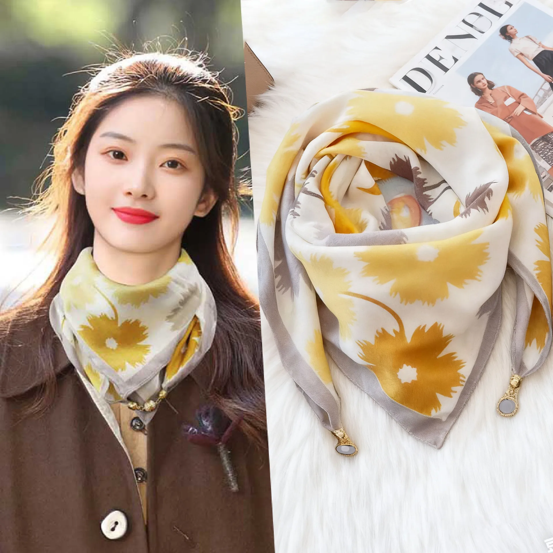 Ladies Spring Autumn Hot Magnetic Triangle Neck Protection Silk Scarf For Women Cotton Linen Scarf High-end Neck Scarf Keep Warm image 2