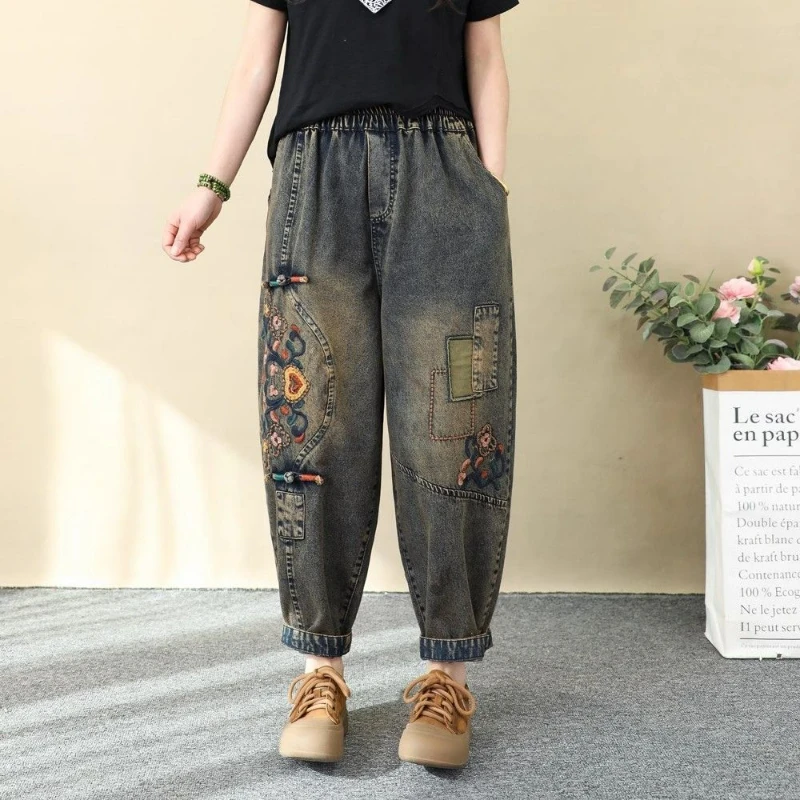 

Women Vintage Embroidery Ethnic Style Baggy Jeans Y2K Streetwear Casual High Waist Loose Pockets Denim Pants Pantalones De Mujer