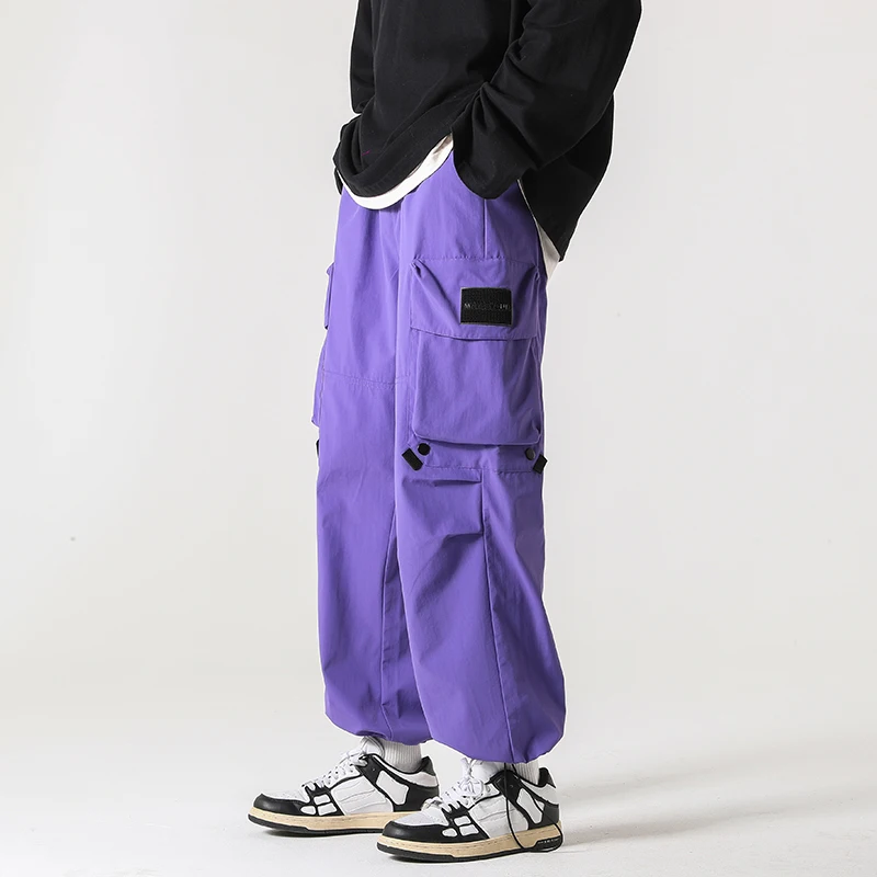 Multi-Pocket Cargo Pants Men's Casual Solid Colour Straight Pants Baggy Wide-leg Cropped Pants Men Ankle-length Jogging Pants