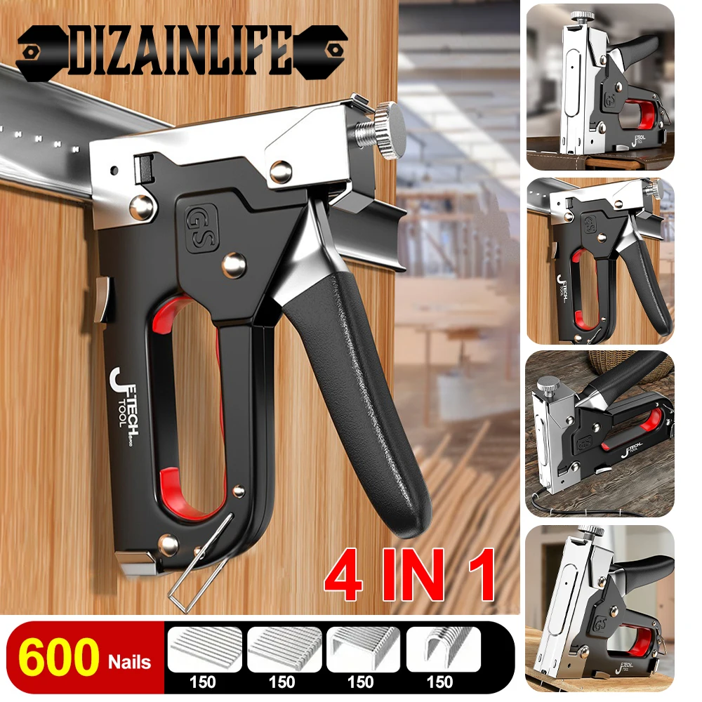 4 in 1 Manual Nailing Gun Construction Stapler Heavy Duty Staple Guns Air Nail Woodworking with 600 Staples Home Carpentry Tools 