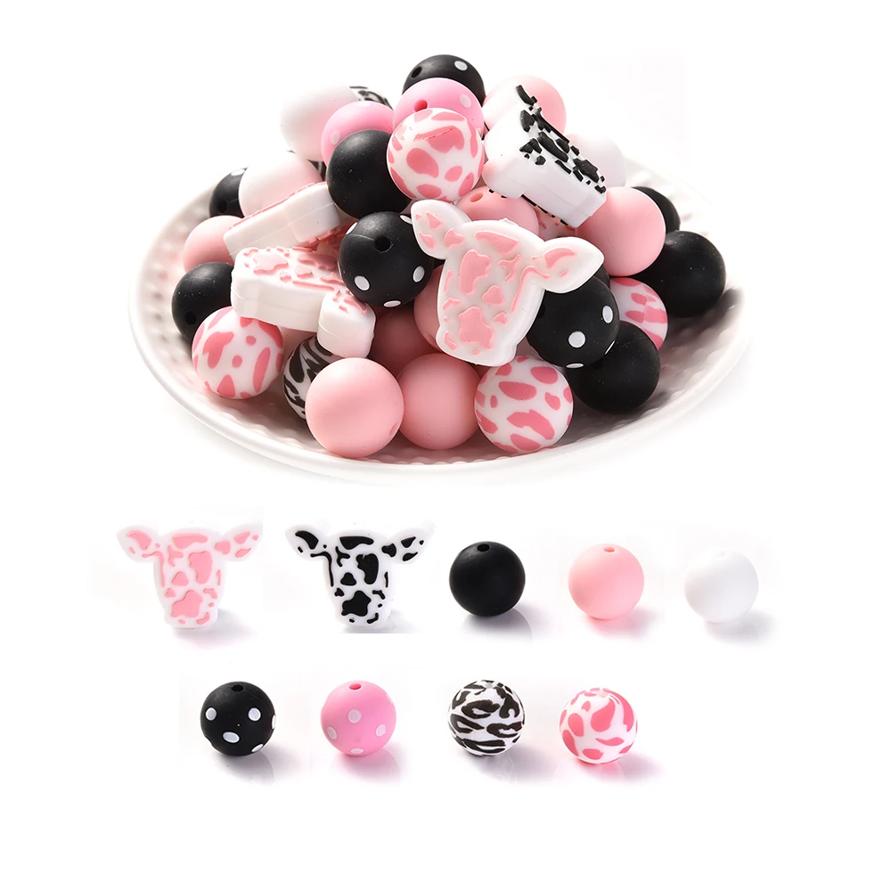 Animal Baby Teether Mix Round Silicone Beads Set Food Grade for Diy Infant Nursing Chew Teether Toy Pacifier Chain Accessories