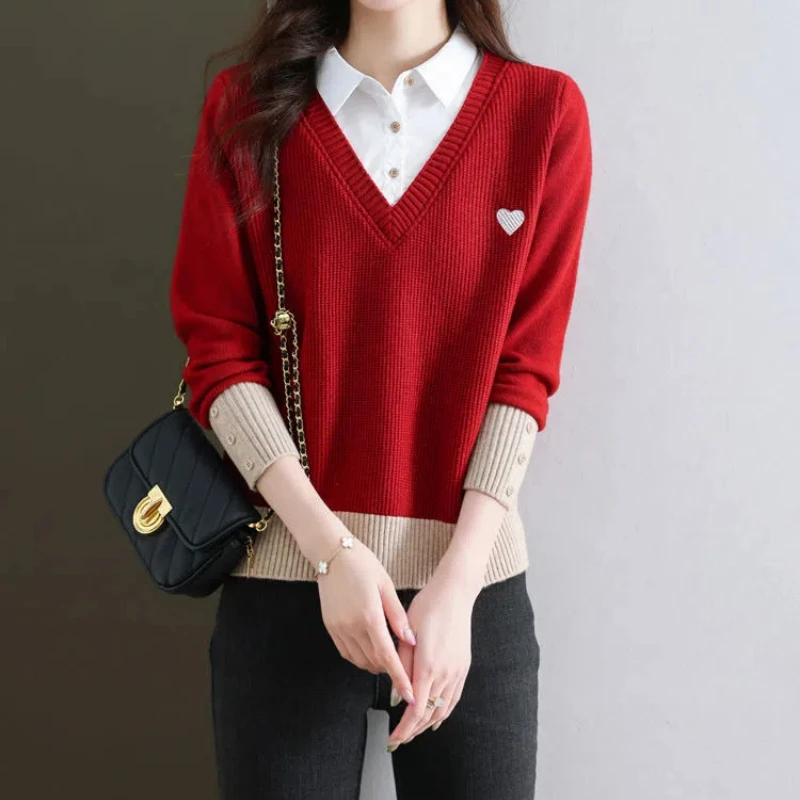 Office Lady Spring Autumn Women's Clothing Pullover Long Sleeve Turn-down Collar Buttoned Sweater Knitted Fake Two Pieces Tops