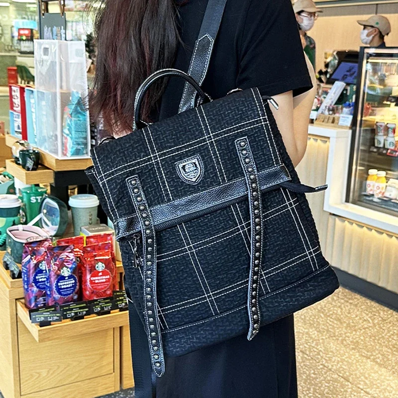 

Ladies Composite Cowhide Schoolbag Fashion Casual Girls Schoolbag Personalised Fashion Retro Square Pattern Black Shoulder Bag