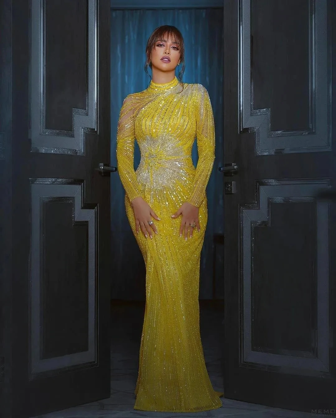 Aso Ebi-Vestidos de Noche de lujo con cuentas de cristales, mangas largas, color amarillo árabe, para fiesta Formal, segunda recepción, 2024