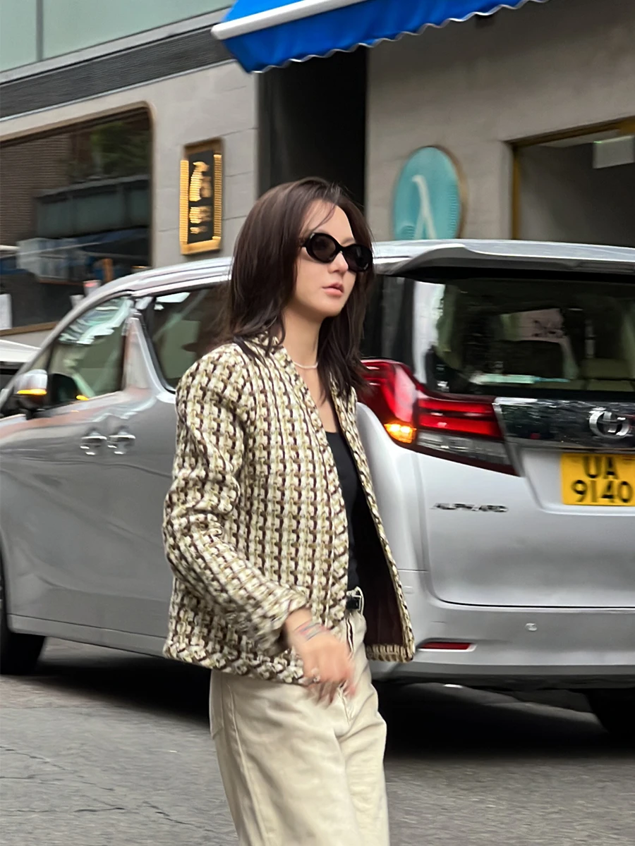 

Женская трикотажная верхняя одежда Tfa8679 из твида с узором «птичий глаз», длинный рукав, стандартная длина, осенний сезон, смесь шерсти