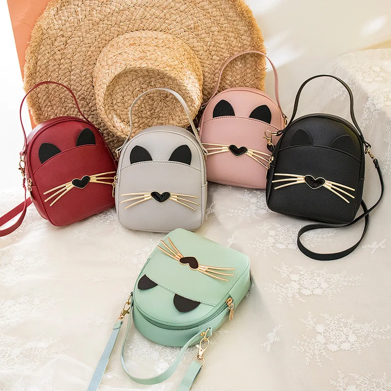 Women's Cute Cat Design Backpack Adjustable PU Leather Small Messenger Bag with Double Shoulder Straps Mini Small Backpack Purse