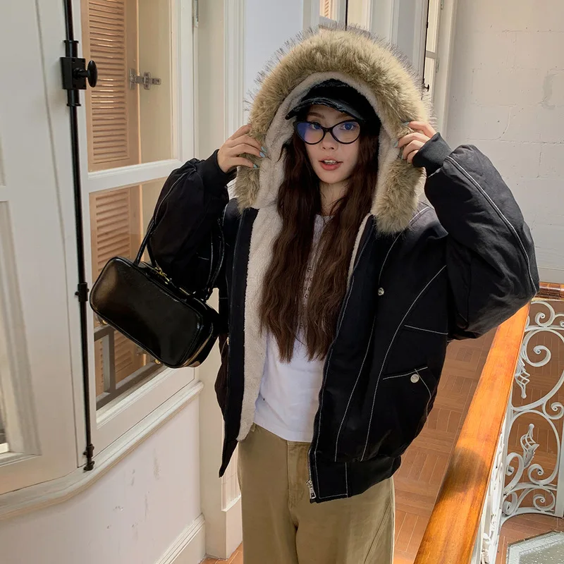Women Hooded Parkas Coats Short Overcoat Solid Big Fur Collar Zipper Line Full Sleeve Loose Thick Office Lady Casual Winter 2025