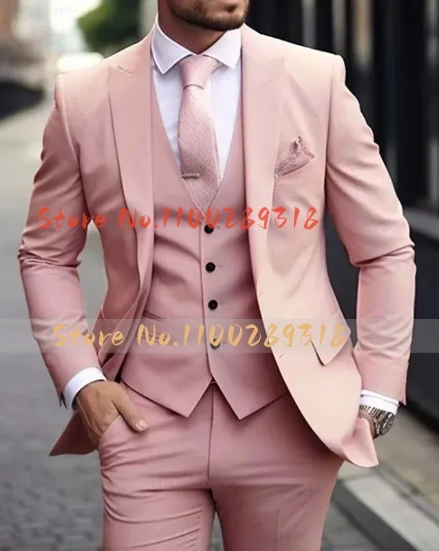 Pink Luxury Men\'s Suits Terno Formal Outfits 3 Piece Jacket Pants With Vest Slim Fit Luxury Costume Homme Formal Occasion Terno