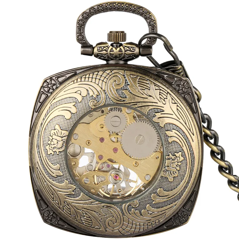 Classic Mechanical Pocket Watch Handwinding Skeleton Clock Roman Number Display Luminous Hands Timepiece with FOB Chain