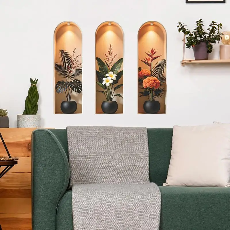 3Pcs Arch Niche Green Plant Wall Sticker Self Adhesive 3D Potted Floral Mural for Living Room Bedroom Entrance Decor Garden Too