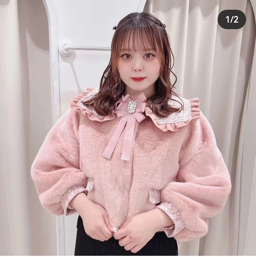 Lolita Japanese Sweet Sailor Collar Furry Coat Women's Cute Warm Luxury Fur Jacket 2023 Autumn and Winter New Casacos Femininos