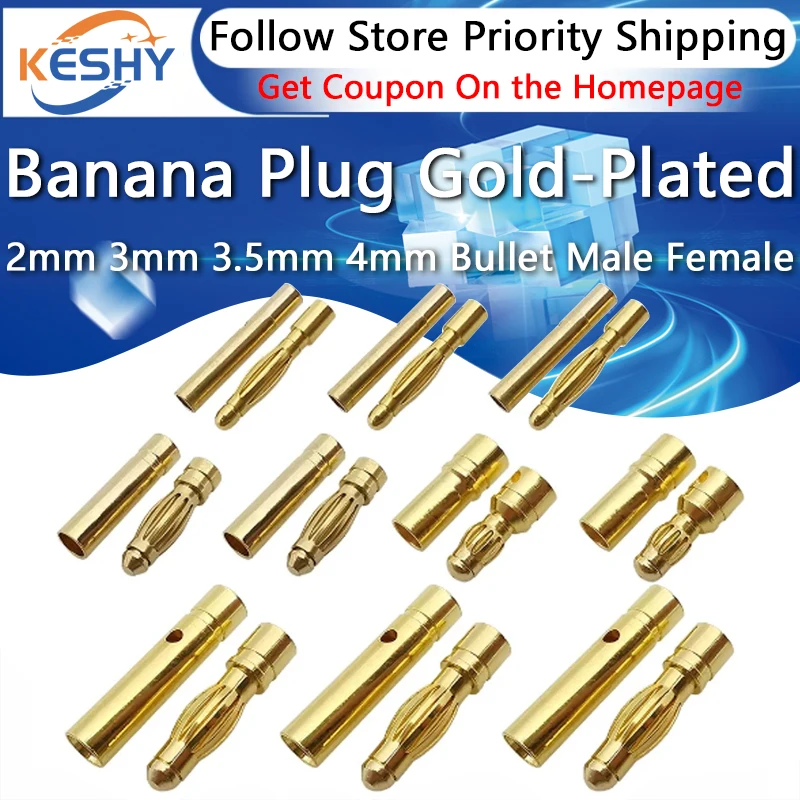 

1Pair 2mm 3mm 3.5mm 4mm Bullet Banana Plug Gold-Plated Banana Male Female Connector Battery Plugs Kits for RC Battery Parts DIY