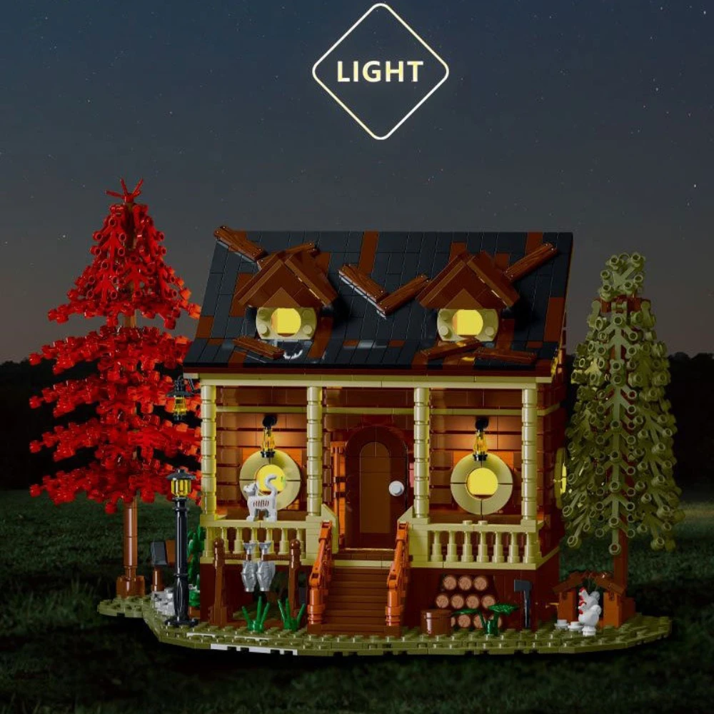 

MOC Forest Cabin Cozy Cottage Wood House Building Blocks Set Tree Hut Wtih Light Toys For Children Birthday Holiday Special Gift