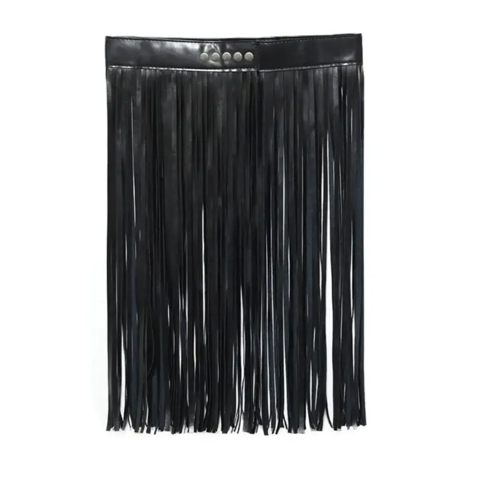 

High Waist Fringe Tassels Skirt Adjustable Faux Leather Long Fringed Skirt Gypsy Style Punk Rock Waist Seal Costume Clubwear
