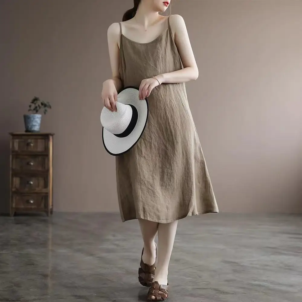

Womens Cotton Linen Solid Color Suspender Dress Home Nightdress