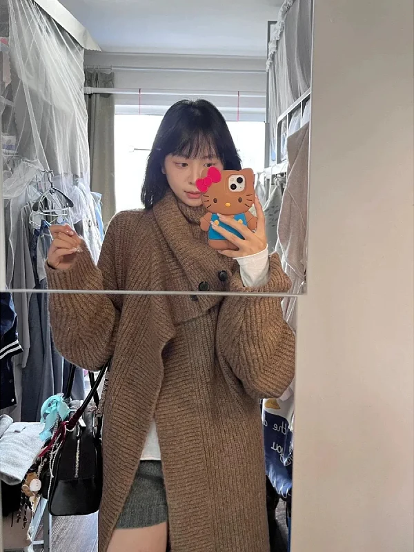 

Свободный длинный вязаный кардиган для женщин, осенне-зимняя новинка, элегантный свитер с большим воротником для девушек