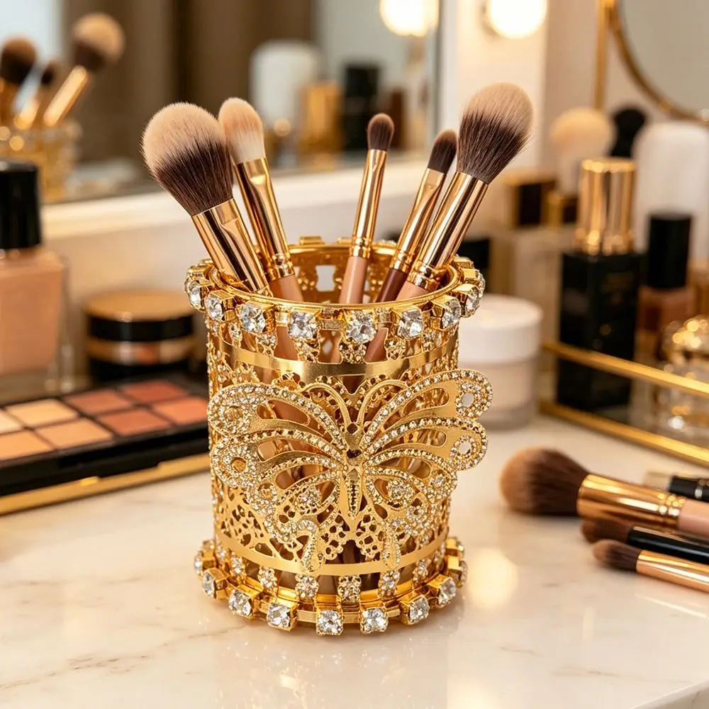 No-slip Hollow Out Pen Holder Rhinestone Decoration Iron Kitchen Utensil Rack Elegant Butterfly Desk Stationery Organizer