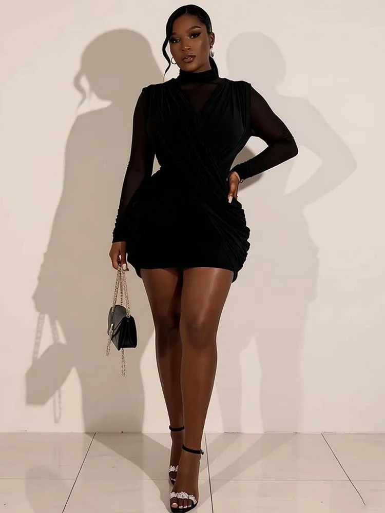 Woman Dresses for Wedding Party Summer Long Sleeve See Through Silky Mesh Short Dresses High Waist Slimming Evening Dress