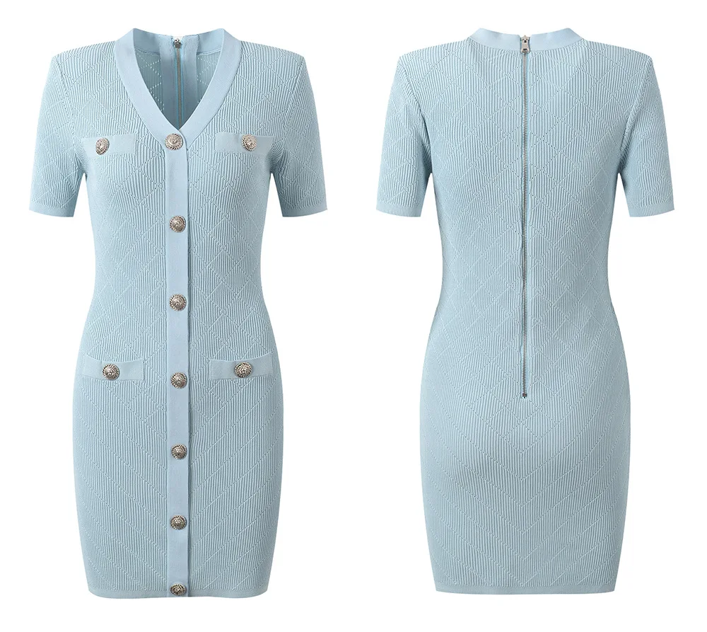 엘레 오르트 스베 V넥 니트 드 파리지앵 럭셔리 에메드 골드 블루 바디콘 슬리밍 여성 패션 여름 드레스