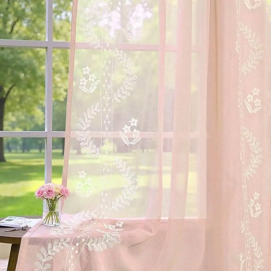 Linen Blend Embroidered Floral Curtains 63 Inch Ivory Sheer Drapes Farmhouse Style Window Treatment Set Of 2