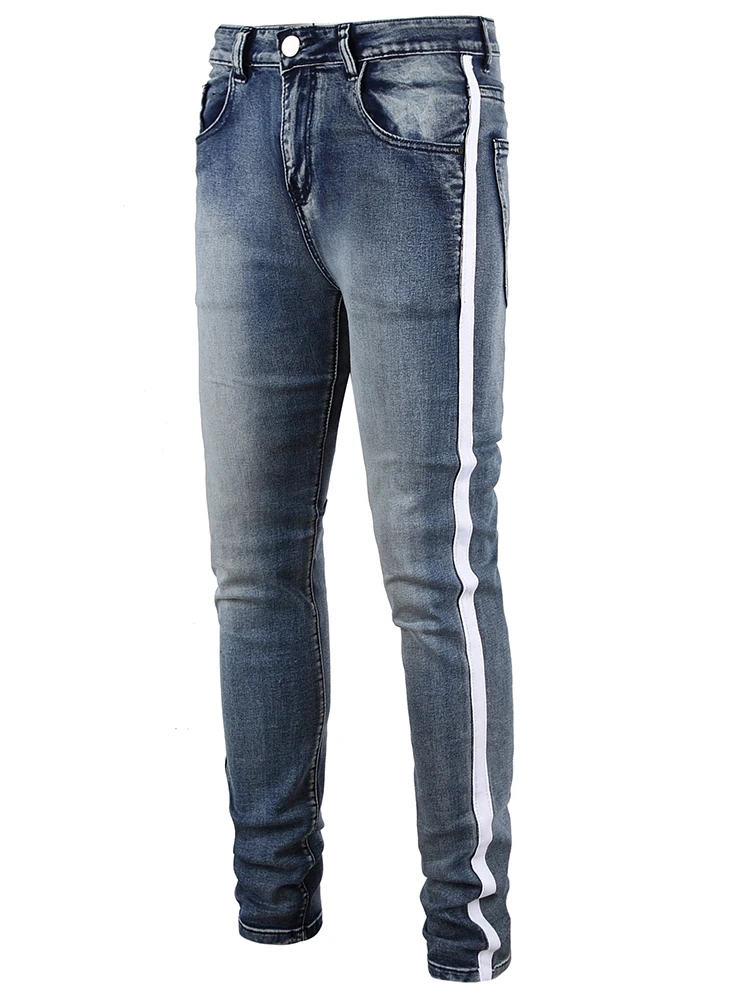 

Trendy Men's Slim Fit Casual Denim Jeans High Street Sle Knee Hole Stripe Design Bla Cotton Elastic mid Waist Zipper