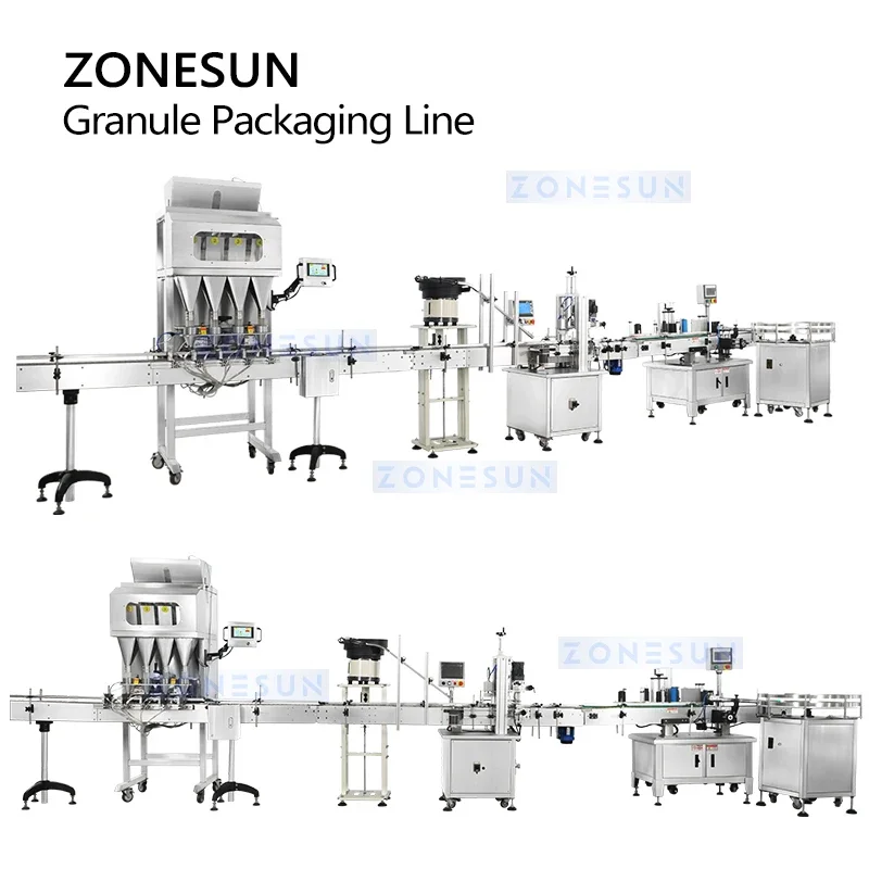 ZONESUN Lini Produksi Pelabelan Capping Pengisian Berat Granul Otomatis Kemasan Partikel Popcorn Oatmeal Kacang ZS-FAL180X10