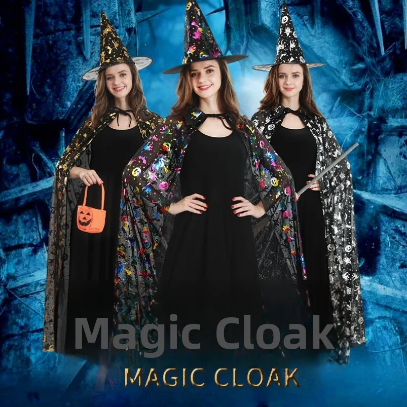 زي ساحرة جديد للهالوين للنساء البالغات، عباءة تنكرية، ملابس نسائية، زي مسرحي من ألياف ثلاثية الأسيتات 00%