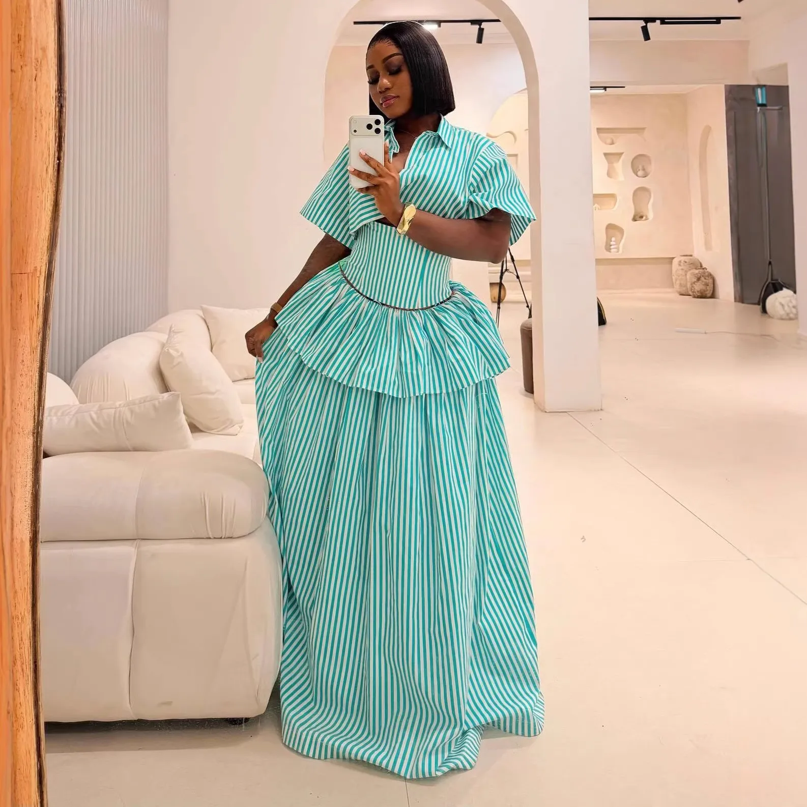 

Women's Dress Two-piece Short Sleeve Crop Top Ruffle Waist Dresses Summer Suit Skirt Set Turquoise White Peplum Two Piece Dress