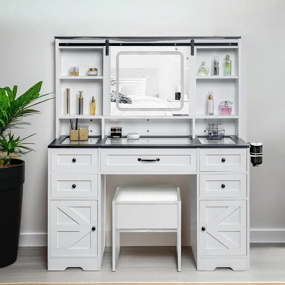 Make-up table with sliding mirror and lights with 5 drawers and charging station, visible glass top and 3 color lighting modes