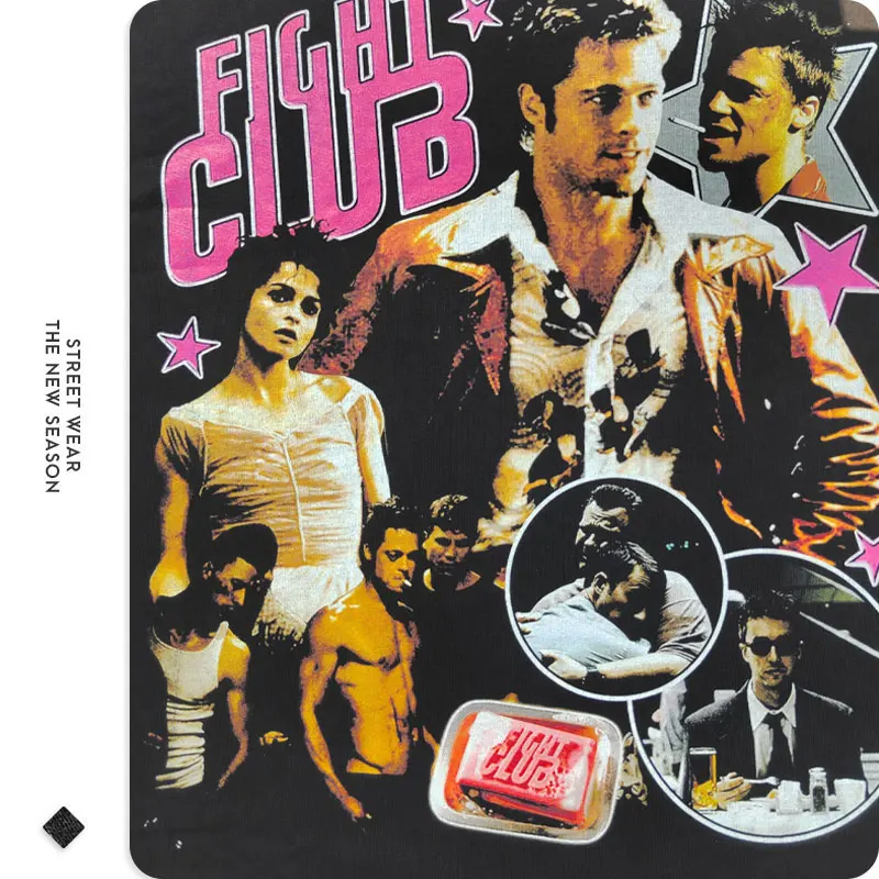 Movie Fight Club T Shirt Vintage Washed Hip Hop Old School Tops Tees Oversized T-shirt Short Sleeve Sweatshirts Man 100% Cotton