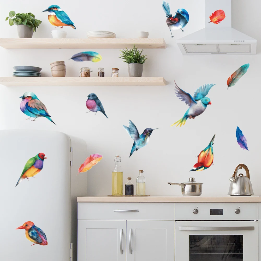 Colorful Birds Feather Removable Wall Stickers for Home Decor Art Self-adhesive Window Tile Cupboard Decals PVC Mural DIY Poster view 5