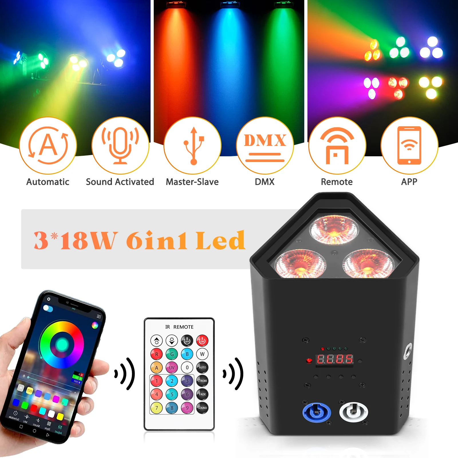 U'King 3x18W RGBWA+UV 6in1 LED-Par-Licht mit integriertem Akku, kabellose Fernbedienung, DMX-Wasch-Par-Licht für DJ-Bühnenauftritte – Detail 2