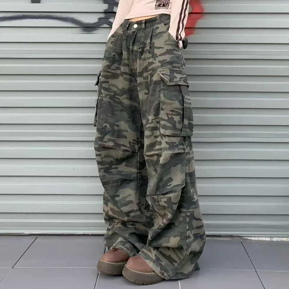 

Jeans Summer Fashion Camouflage Front Button Pocket High Waist Full Length Straight Streetwear Jeans for Women