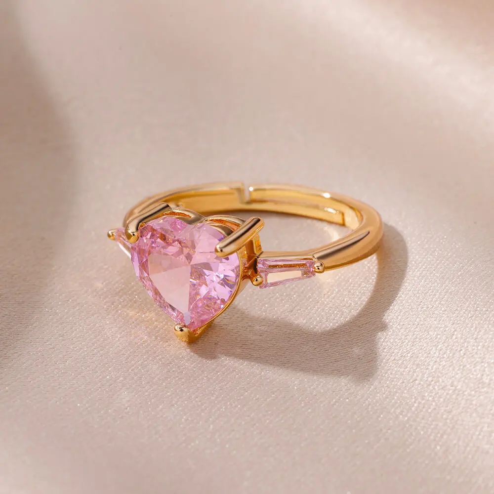 Pink Zircon Heart Rings For Women Gold Plated Stainless Steel Adjustable Heart Ring 2024 Trend Wedding Aesthetic Jewelry Gift