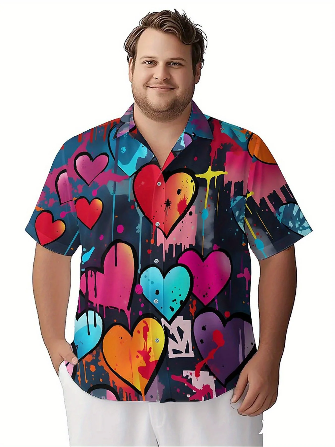 Men's Plus Size Hawaiian Shirts Heart-shaped Graffiti pattern,Unisex Baggy Aloha Shirts,summer Alternative Clothing
