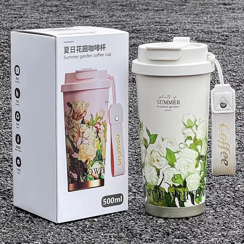 

Summer Garden Coffee Cup Thermal Stainless Steel Vacuum Flasks 500ml Luxury-feel Thermos Cup with High Aesthetic Straw Cup,1PC