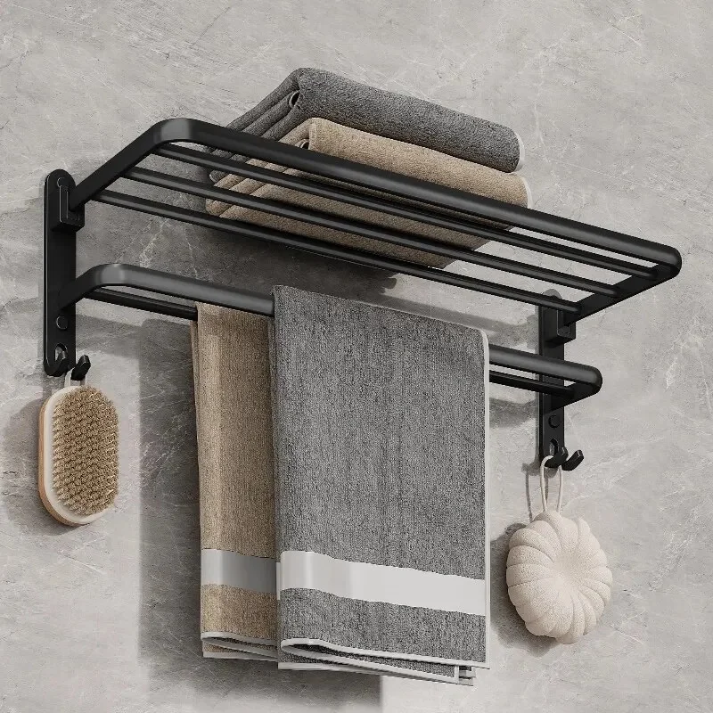 50CM Aluminum Foldable Towel Storage Rack, Matte Black Wall Hanging Holder with Multiple Hooks for Kitchen Bathroom