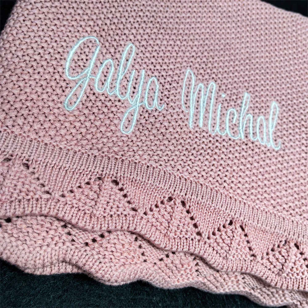 Personalize Custom Embroidered with Name+Date Of Birth  Baby Baby Knit Blanket Breathable Vintage Swaddle Holding Cotton Knitted