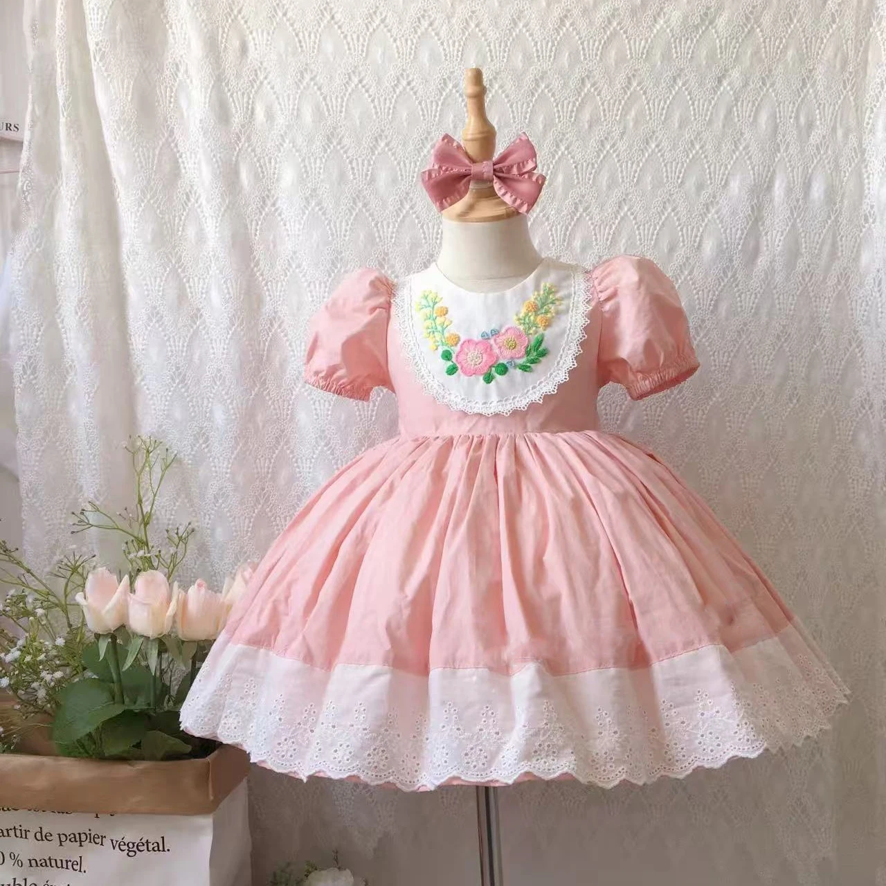 

0-12Y Baby Girl Pink Flower Handmade Embroidery Vintage Princess Dress for Holiday Photography B379