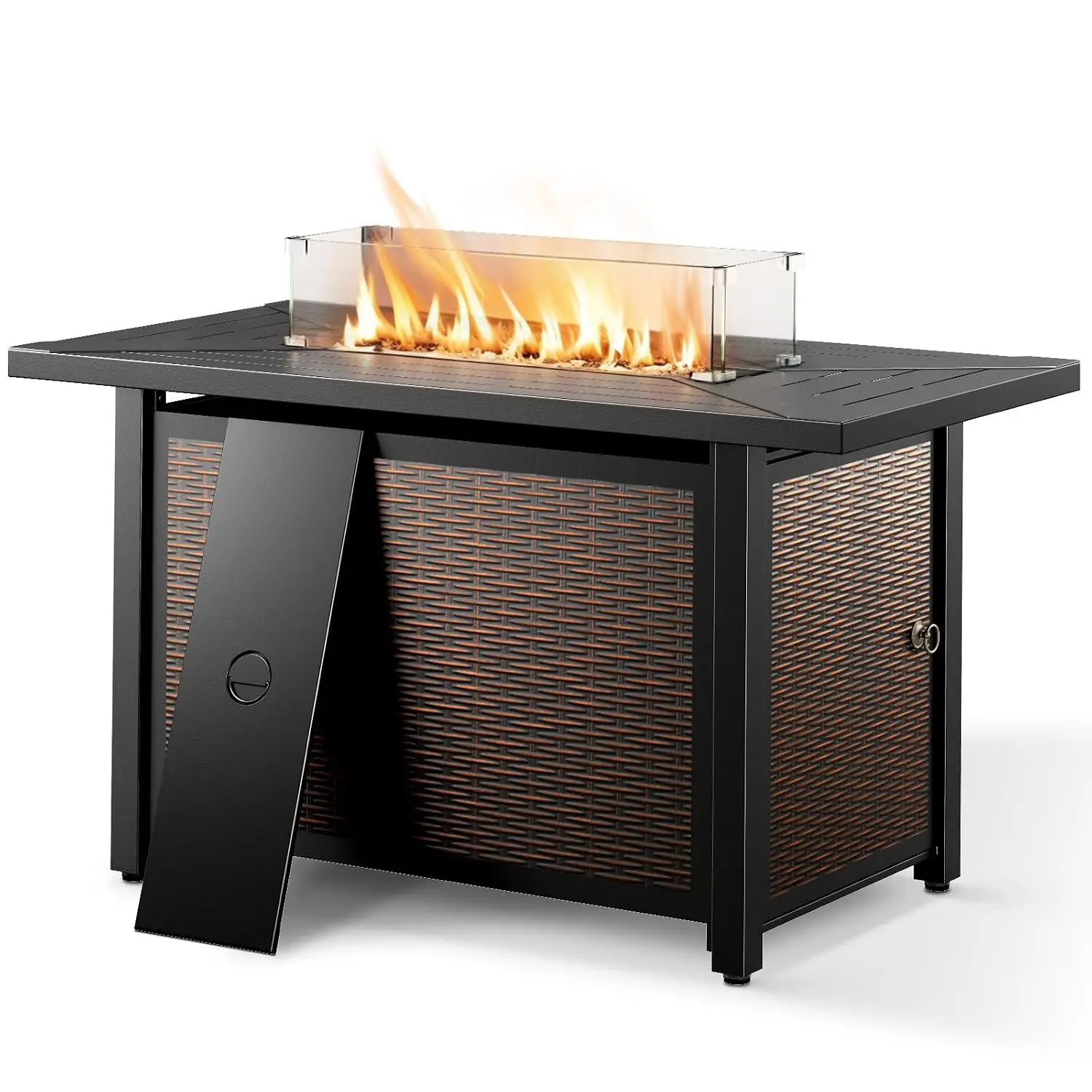 43in Rectangle Propane Fire Pit Table 50000 BTU with Lava Rocks Tempered Glass Wind Guard Wicker-Look Iron for Patio, Customized