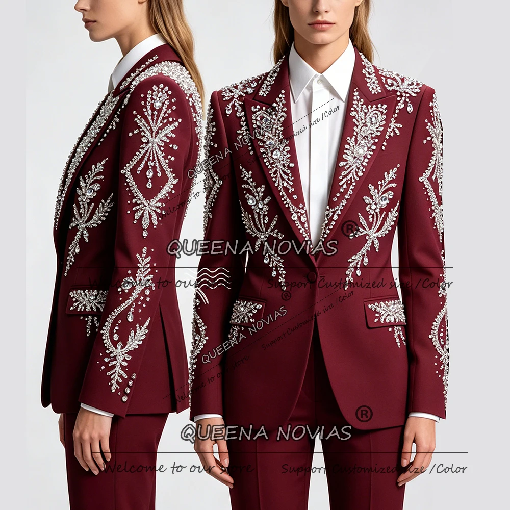 Luxury Crystals Beading Suit Women 2 Pieces Bride's Mother Dresses Customized Lady Buisness Party Tuxedso conjuntos femininos