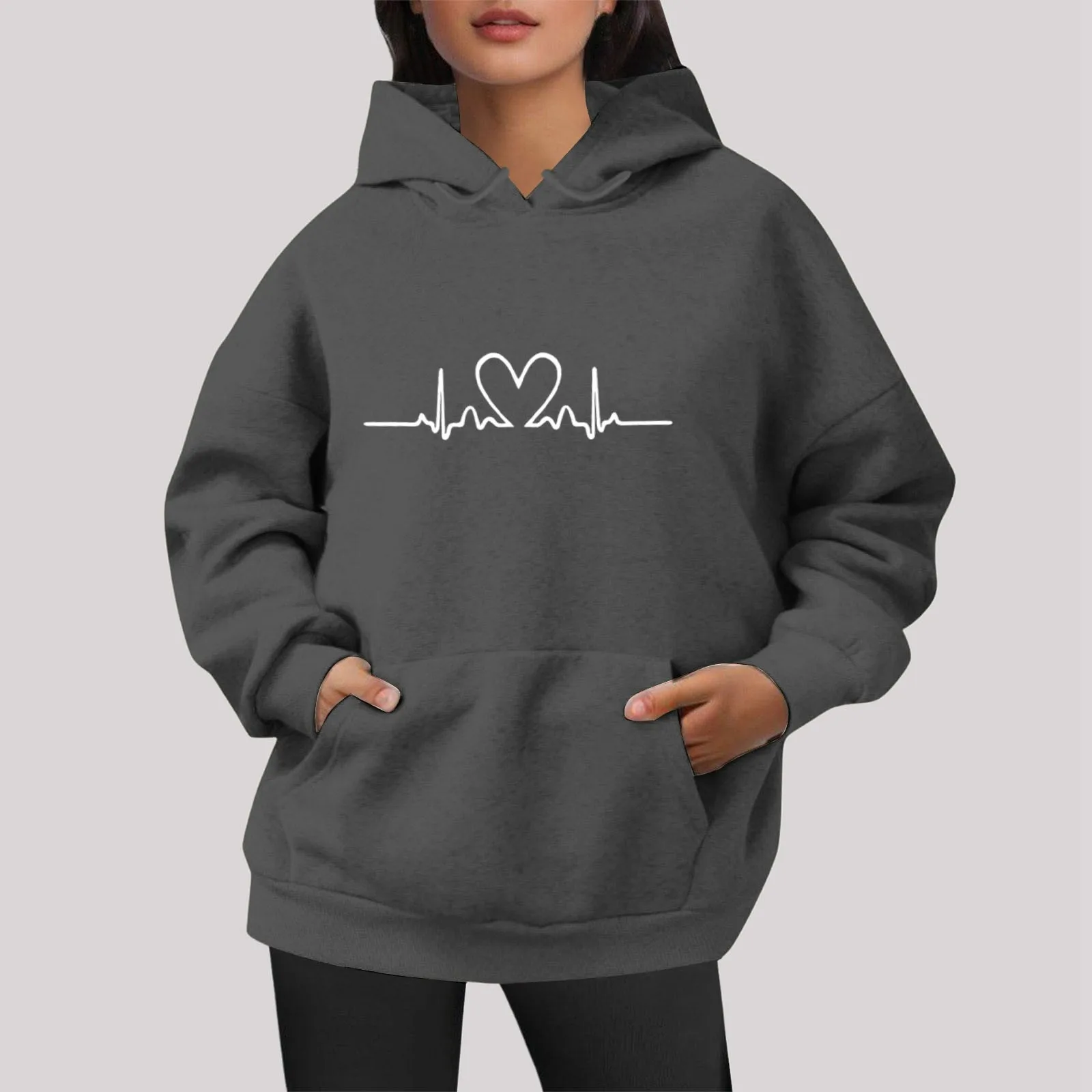 

New Women Casual Hoodies Autumn/Winter Heartbeat Print Loose Hoodies Couple Sweatshirts Ladies Hooded Tops Streetwear Femme