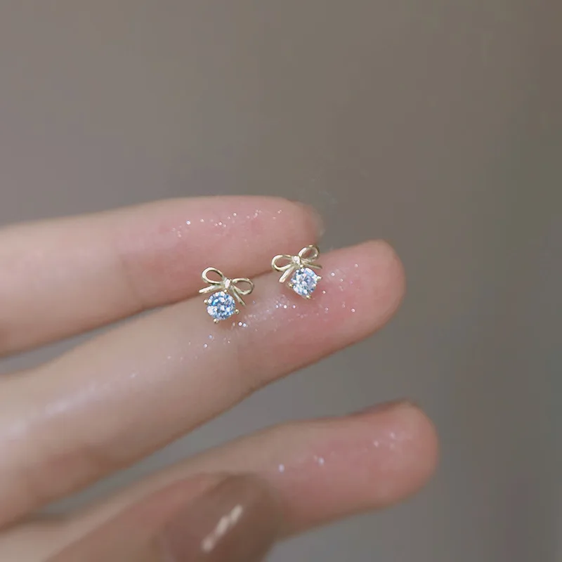 Mini Shiny 925 Sterling Silver Single Zircon Hollowed-out Bowknot Stud Earrings for Woman Jewelry Accessories Girlfriend's Gifts