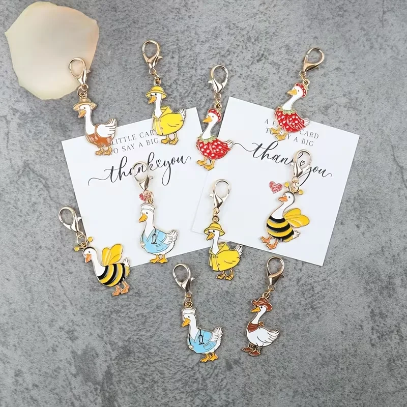 10-Piece Set of Decorative Goose Keychains, Designed with Farmer, Bee, Raincoat, Cowboy, and Nurse Outfits, Alloy Pendants, with Thank You Card, Rustic Vintage Gift, Exclusive for Goose Enthusiasts