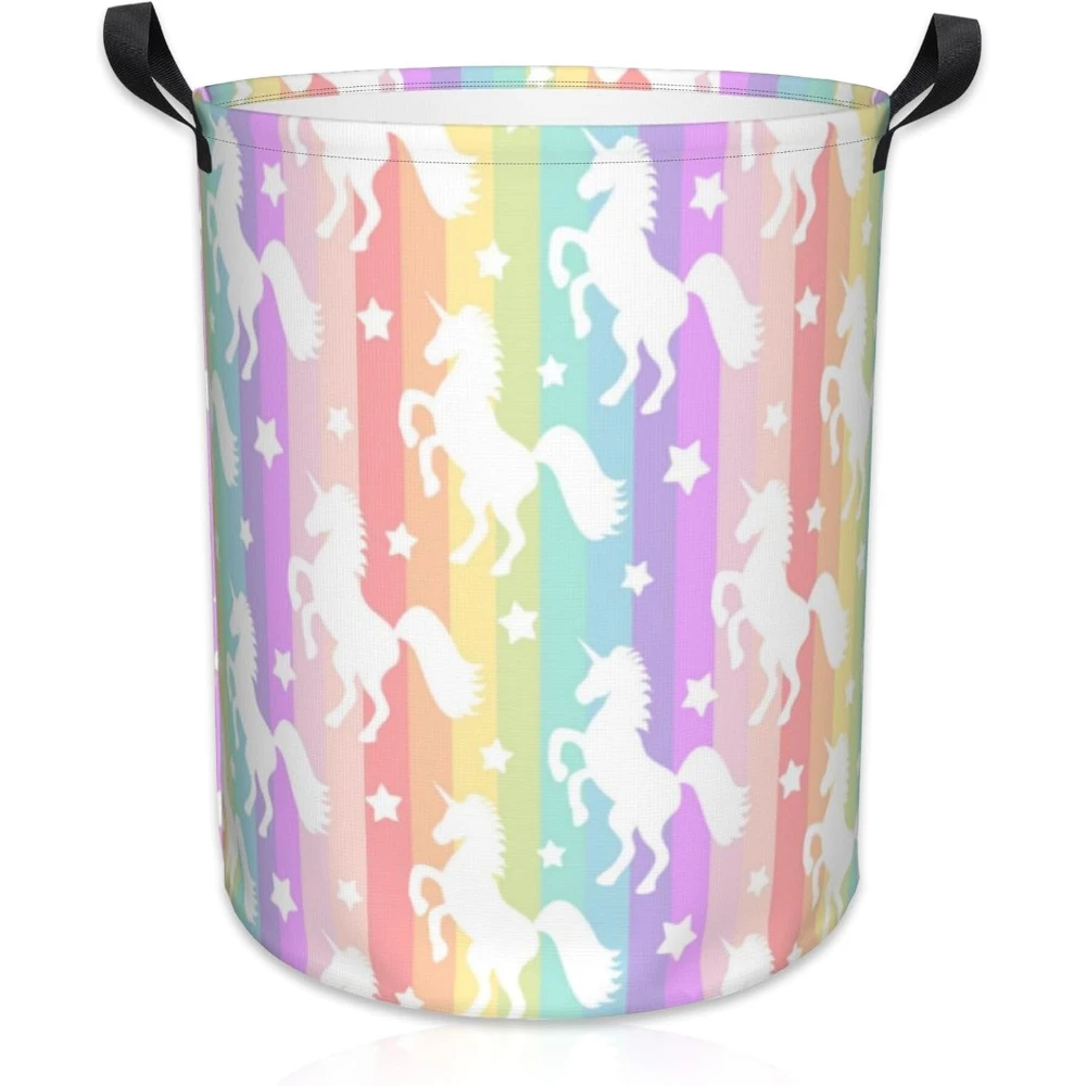 

Cute Unicorns Rainbow Stripes Laundry Basket Foldable Laundry Hamper Oxford Cloth Large Laundry Basket Clothes Storage Bucket
